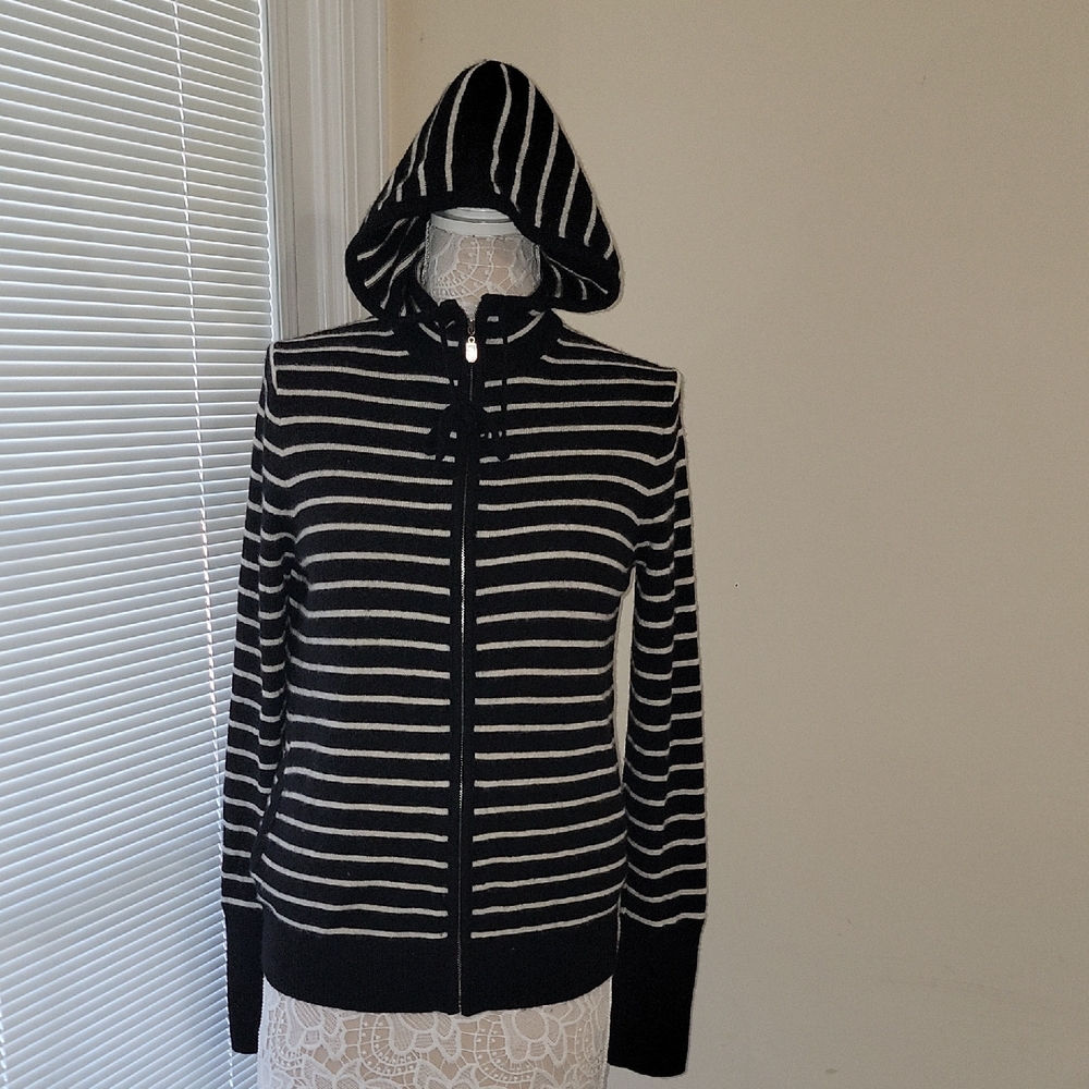 J. Crew Cashmere Full Zip Sweater Hoodie Black / White Hooded Sweatshirt Size L
